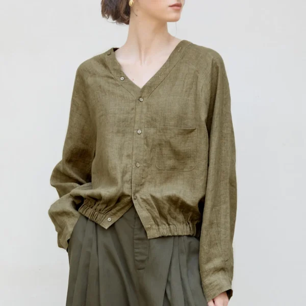 Minimalist Sustainable Linen V Neck Long Sleeve Cropped Shirt