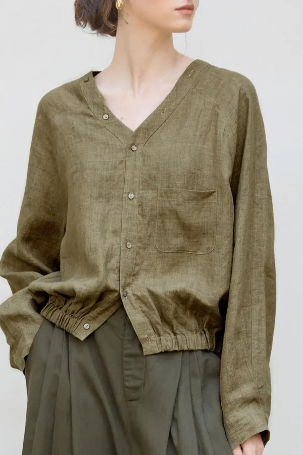 Minimalist Sustainable Linen V Neck Long Sleeve Cropped Shirt