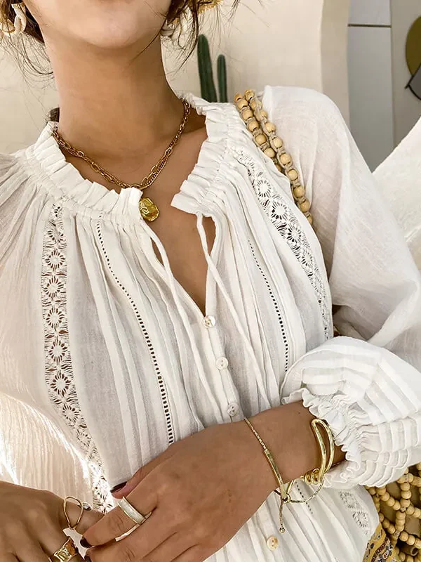 Boho White Breathable Cotton Broderie Anglaise Puff Sleeve Blouse