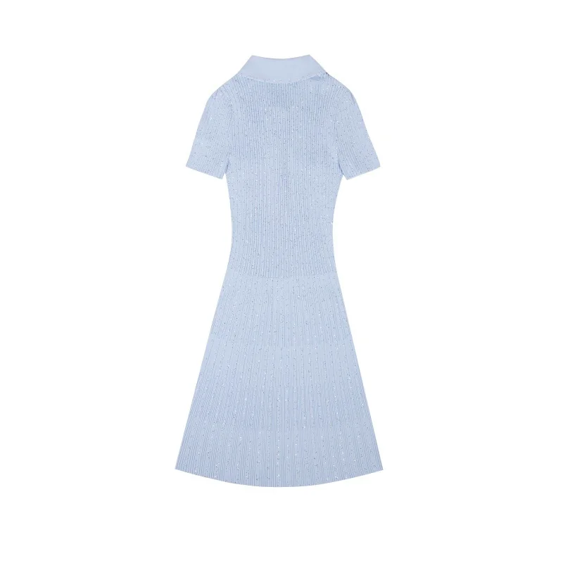 Skin-Friendly Cooling Sequin Ribbed Knit Polo Short Sleeve Midi Dress Casual