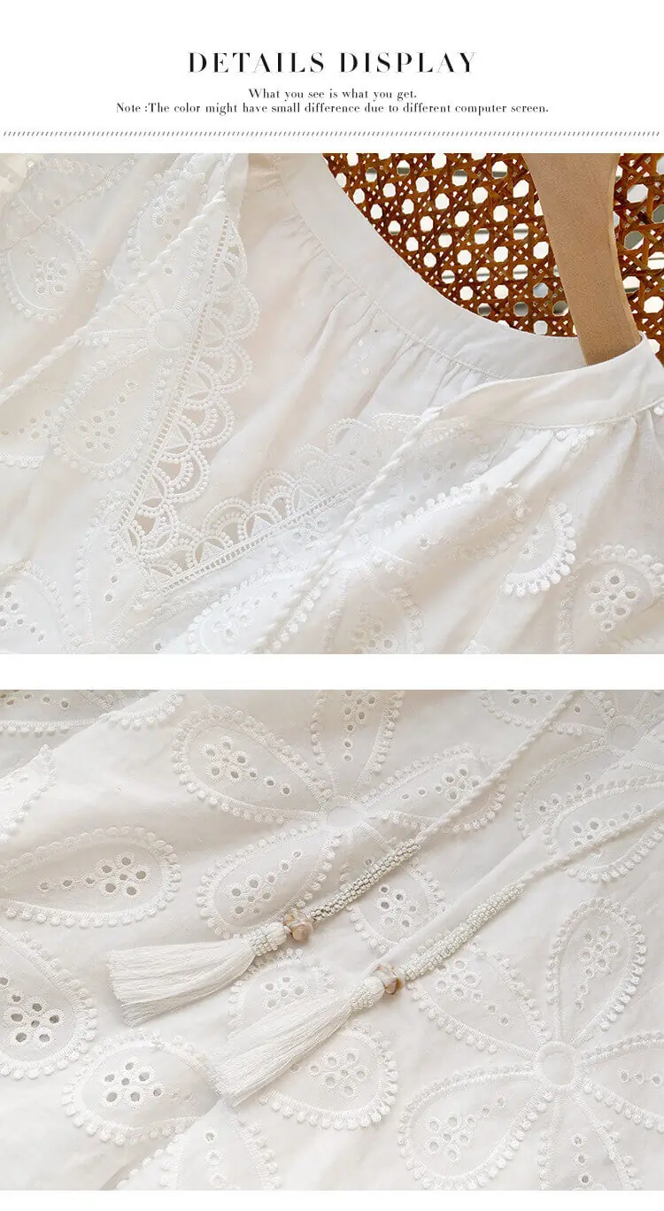 Cotton Embroidered Eyelet Tassel Loose Midi Dress 3/4 Sleeve Boho