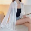 Women's Shimmer Sheer Long Sleeve Loose Polo Collar Patchwork Blouse