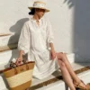 French Riviera Breathable Pure Cotton Broderie Anglaise Mini Shirt Dress