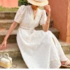 French Riviera Broderie Anglaise Cotton Puff Sleeve Midi Dress