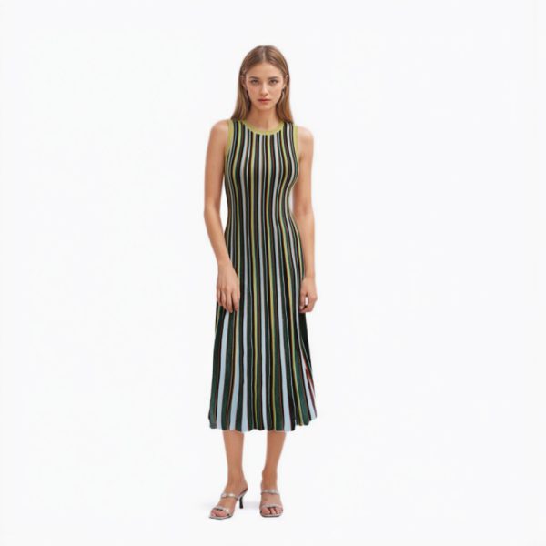 Skin-Friendly Cooling Womens Elegant Metallic Striped Sleeveless Knit High Waist Midi Dress
