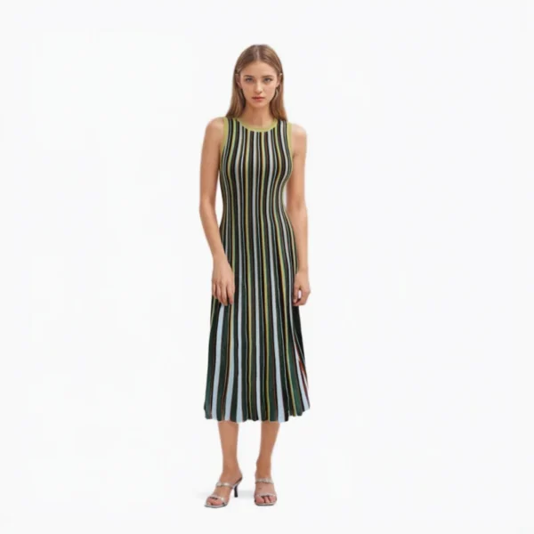 Skin-Friendly Cooling Womens Elegant Metallic Striped Sleeveless Knit High Waist Midi Dress