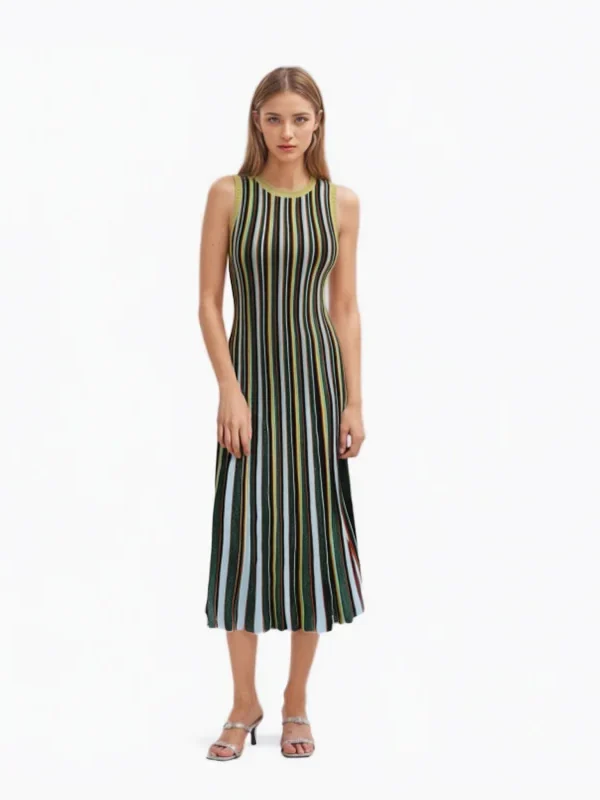 Skin-Friendly Cooling Womens Elegant Metallic Striped Sleeveless Knit High Waist Midi Dress