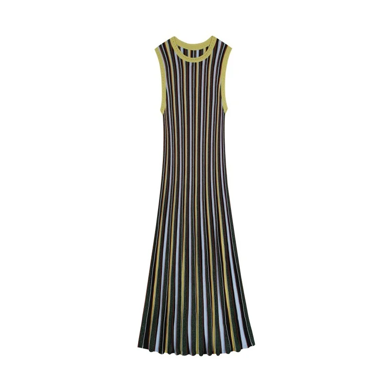 Skin-Friendly Cooling Womens Elegant Metallic Striped Sleeveless Knit High Waist Midi Dress