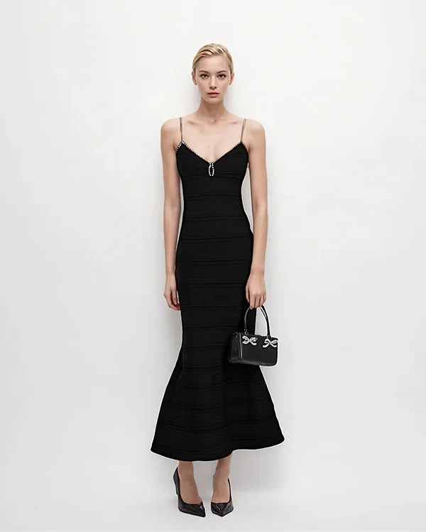 Skin-Friendly Cooling Womens Elegant Pearl Beaded V Neck Sleeveless Midi Knit Fishtail Dress