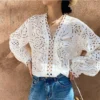 Women's French Cotton LS V-Neck Embroidery Hollow Out Loose Fit