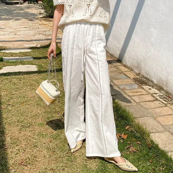 French Riviera Breathable Cotton Linen Ladder Stitch Wide Leg Trousers