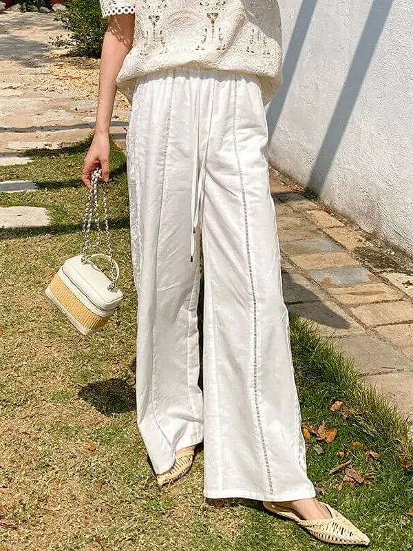 French Riviera Breathable Cotton Linen Ladder Stitch Wide Leg Trousers