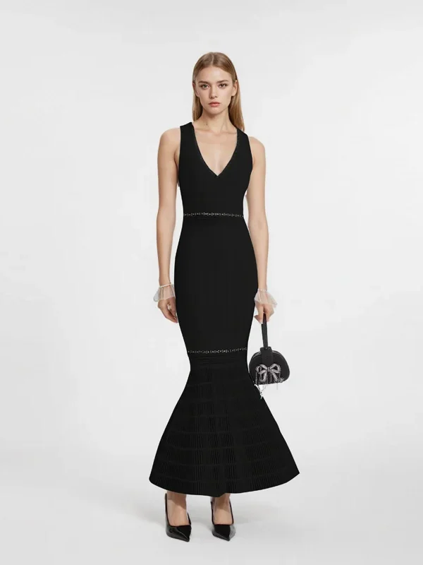 Elegant Sleeveless V-Neck Beaded Mid-Length Knit Mermaid Dress Skin-Friendly Cooling