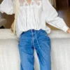 French Riviera White Cotton Broderie Anglaise Long Sleeve Blouse