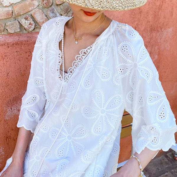 Cotton Embroidered Eyelet Tassel Loose Midi Dress 3/4 Sleeve Boho