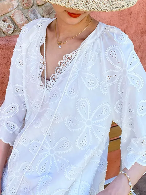 Cotton Embroidered Eyelet Tassel Loose Midi Dress 3/4 Sleeve Boho