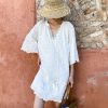 Cotton Embroidered Eyelet Tassel Loose Midi Dress 3/4 Sleeve Boho