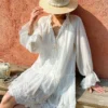 French Tencel Linen Dress Long Puff Sleeve V-Neck Midi Loose