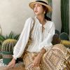 Boho White Breathable Cotton Broderie Anglaise Puff Sleeve Blouse