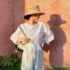 Women's Cotton Floral Embroidery Lace Ruffle Puff 3/4 Sleeve Top Skirt Set