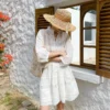 French Riviera Breathable Pure Cotton Broderie Anglaise Mini Shirt Dress