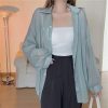 Women's Shimmer Sheer Long Sleeve Loose Polo Collar Patchwork Blouse