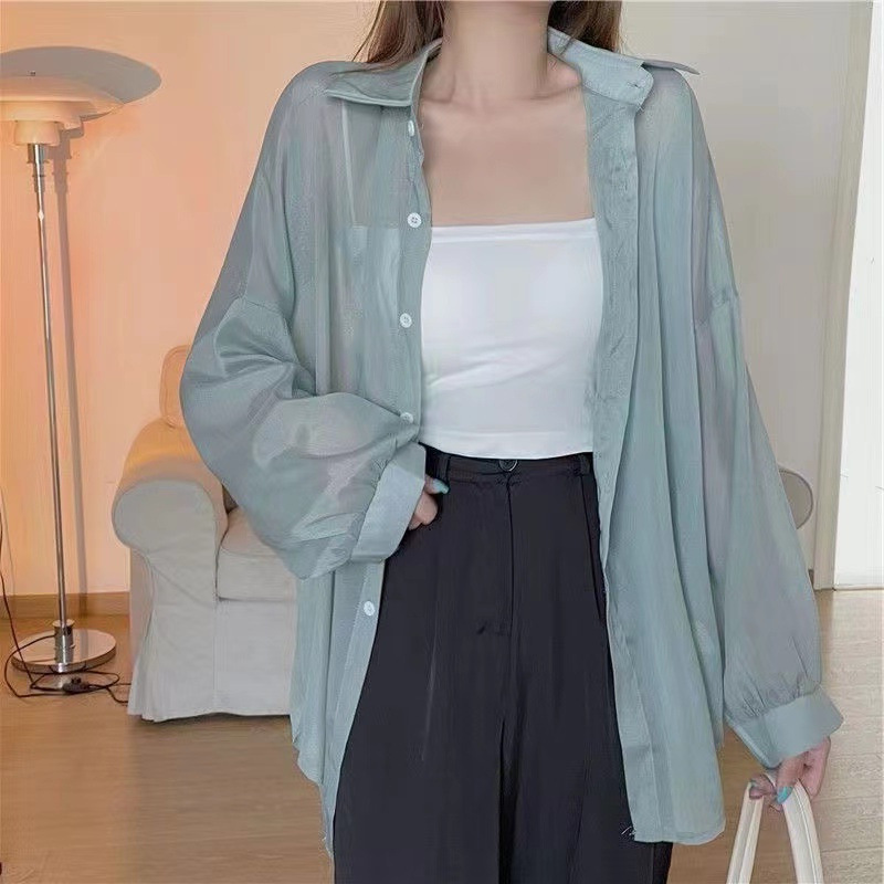 Women's Shimmer Sheer Long Sleeve Loose Polo Collar Patchwork Blouse