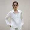 Minimalist Breathable Linen Loose Long Sleeve Polo Blouse
