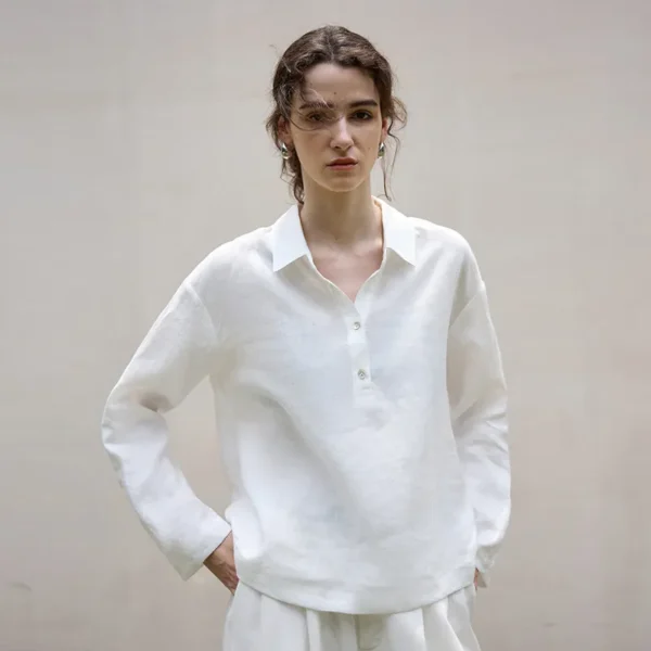 Minimalist Breathable Linen Loose Long Sleeve Polo Blouse