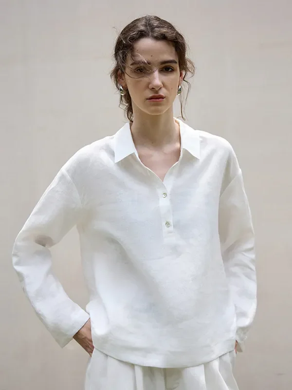 Minimalist Breathable Linen Loose Long Sleeve Polo Blouse