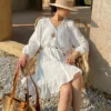 French Riviera Breathable Cotton Broderie Anglaise Midi Shirt Dress