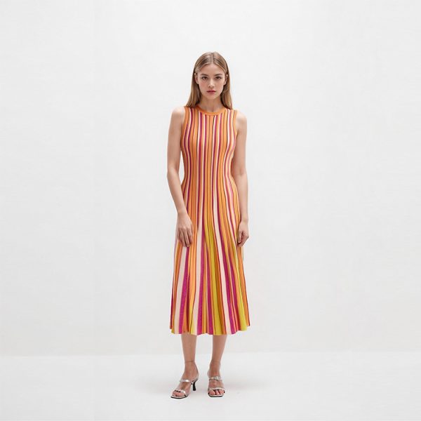 Elegant Striped Knit Midi Dress Skin-Friendly Cooling Sleeveless Round Neck Slim A Line