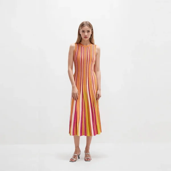 Elegant Striped Knit Midi Dress Skin-Friendly Cooling Sleeveless Round Neck Slim A Line