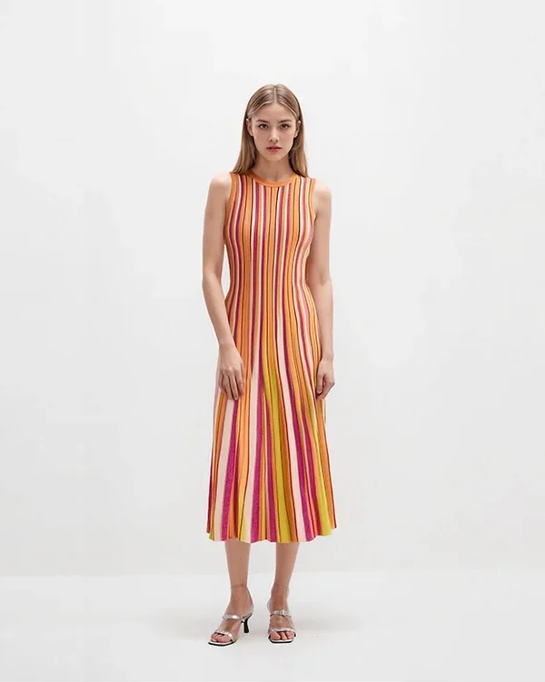 Elegant Striped Knit Midi Dress Skin-Friendly Cooling Sleeveless Round Neck Slim A Line