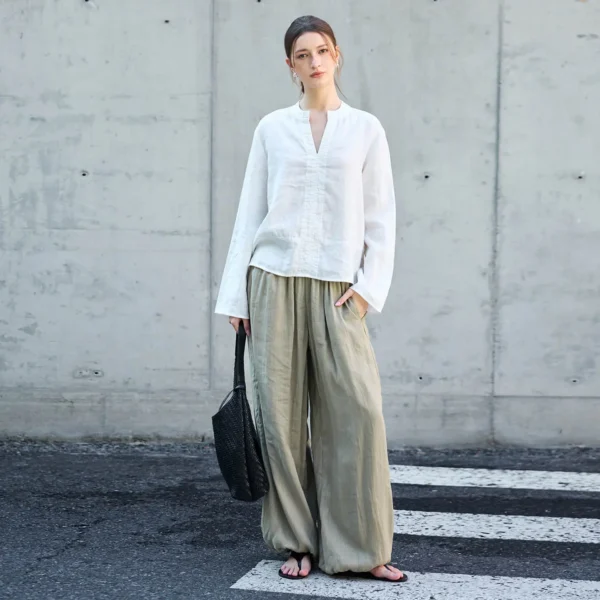 Minimalist Breathable Linen V Neck Long Sleeve Blouse