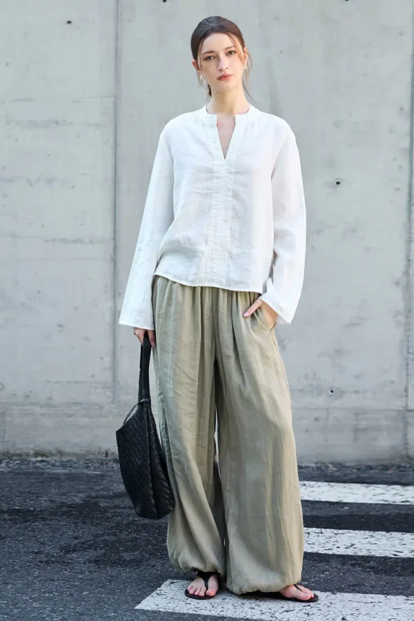 Minimalist Breathable Linen V Neck Long Sleeve Blouse