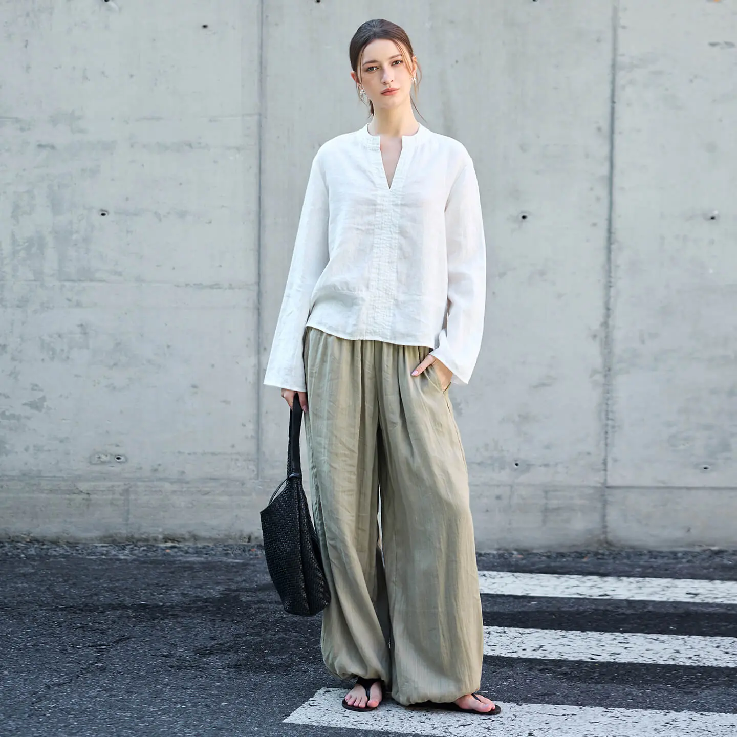 Minimalist Breathable Linen V Neck Long Sleeve Blouse