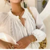 Boho White Breathable Cotton Broderie Anglaise Puff Sleeve Blouse