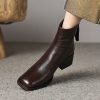 Retro Plus Size Women's Shoes Square Toe Block Heel Sheepskin Ankle Boots Back Zipper