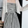 French Style Crinkled Striped Cotton Blend Spaghetti Strap Maxi Dress