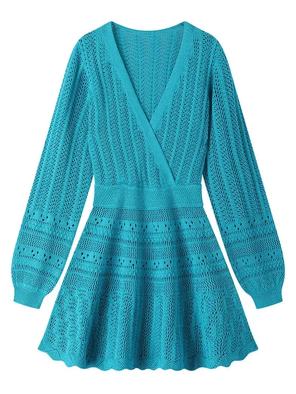 Skin-Friendly Cooling Elegant V Neck Long Sleeve Hollow Out High Waist Midi Knit Dress