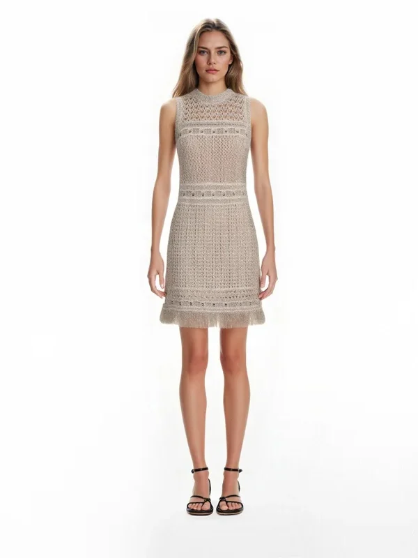 Elegant Khaki A Line Sleeveless Hollow Out Knit Tassel Midi Beach Dress