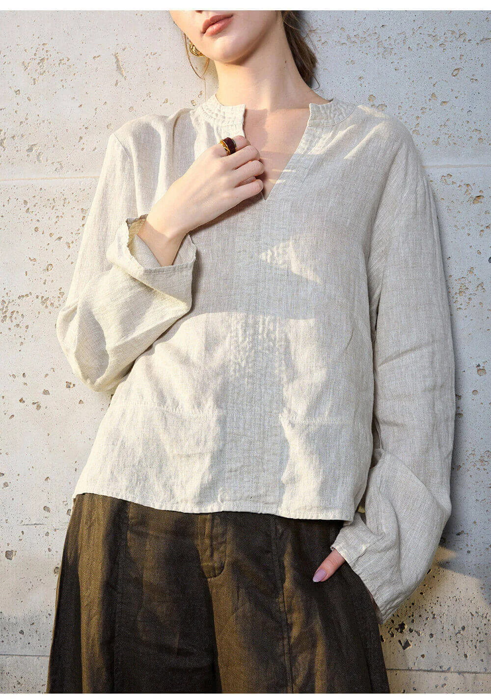 Minimalist Breathable Linen V Neck Long Sleeve Blouse