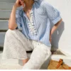 Women's Resort Striped Linen Mix Short Sleeve Loose V Neck Shirt Lace Tassel