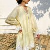French Tencel Linen Dress Long Puff Sleeve V-Neck Midi Loose