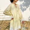 French Tencel Linen Dress Long Puff Sleeve V-Neck Midi Loose