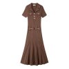 Dark Brown Collared Short Sleeve Knit Midi Dress Elegant Work Casual