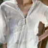 French Riviera Embroidered Cotton Blend Tie Front Blouse