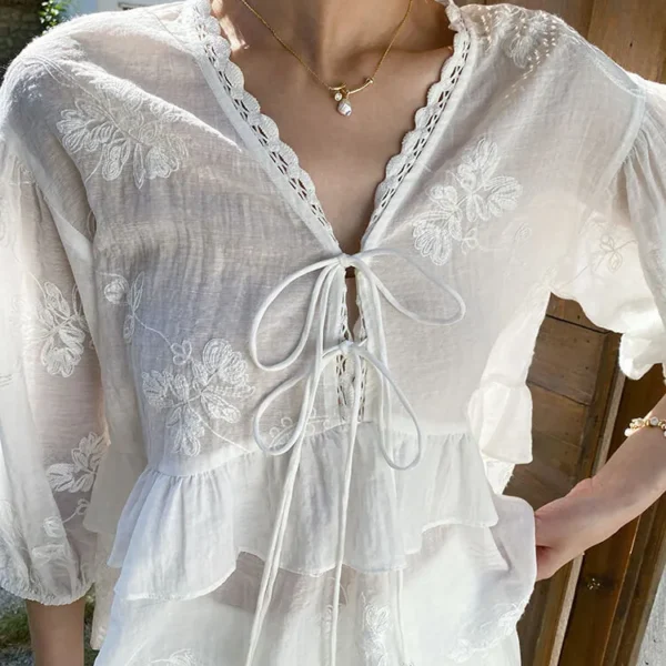French Riviera Embroidered Cotton Blend Tie Front Blouse