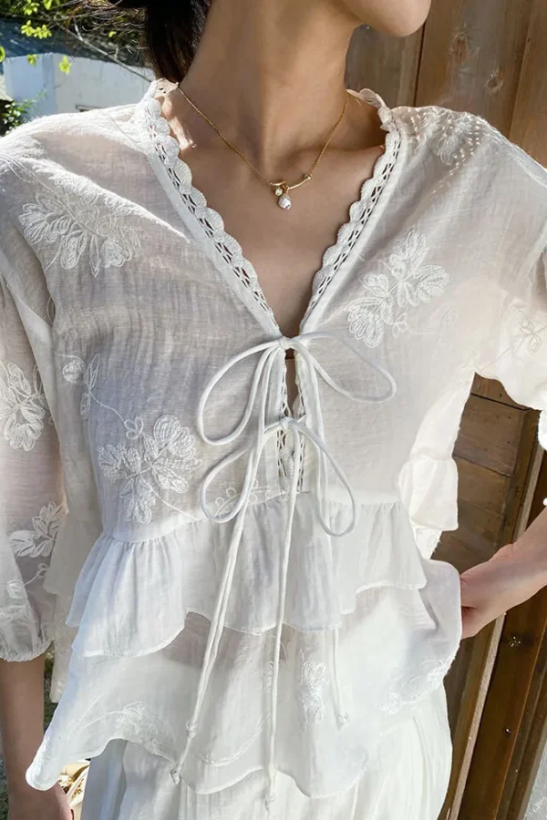 French Riviera Embroidered Cotton Blend Tie Front Blouse